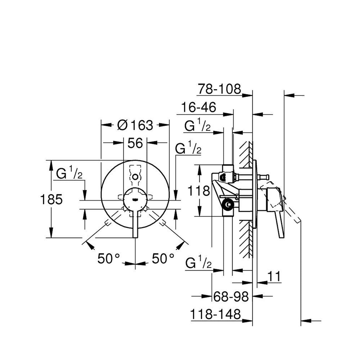Grohe Concetto Ankastre Banyo/Duş Bataryası - Teknik Çizim