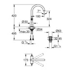 Grohe Atrio Private Collection Tezgah Üstü Lavabo Bataryası, Paslanmaz Çelik - Teknik Çizim