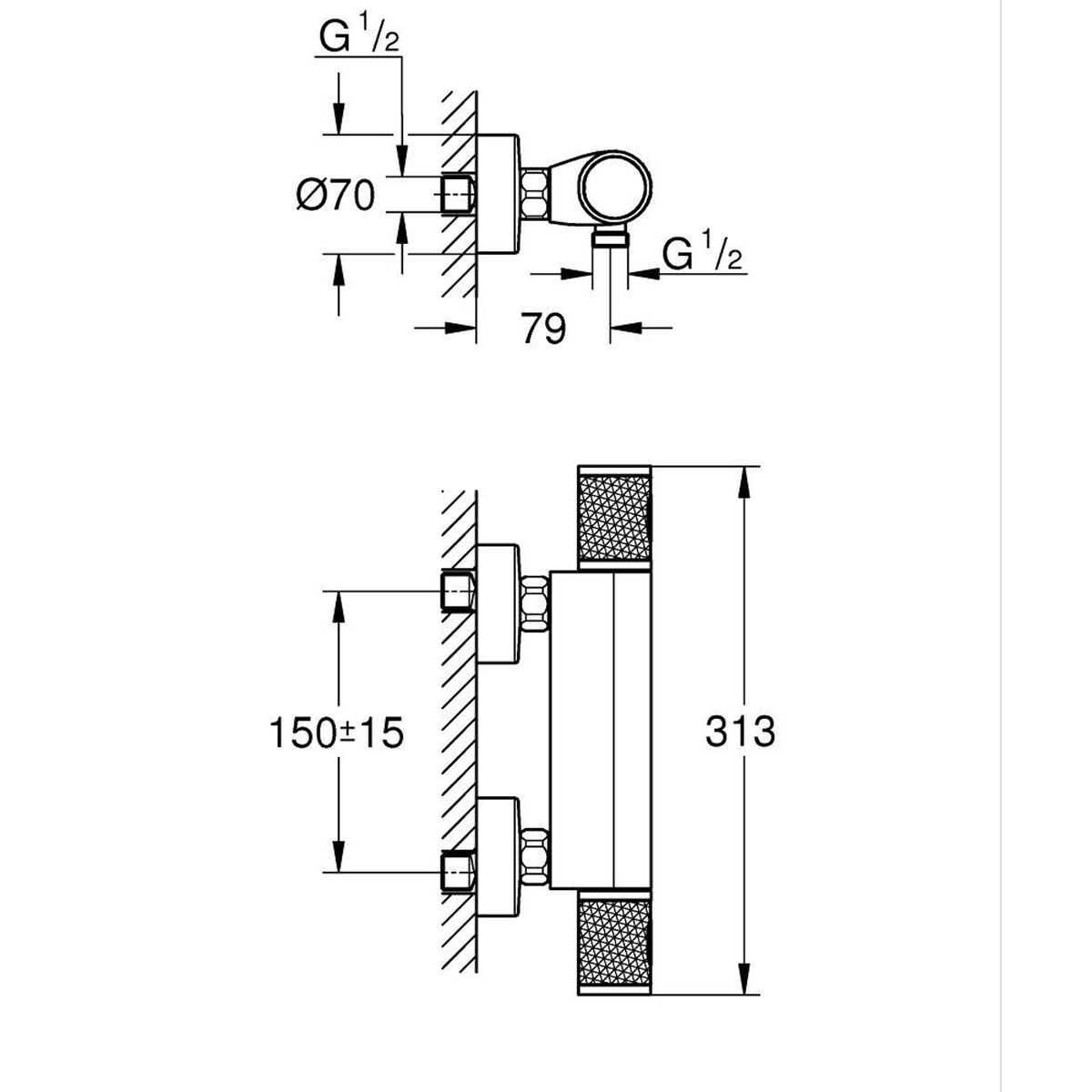 Grohe Grohtherm 1000 Performance Termostatik Duş Bataryası, Hayalet Siyah - Teknik Çizim