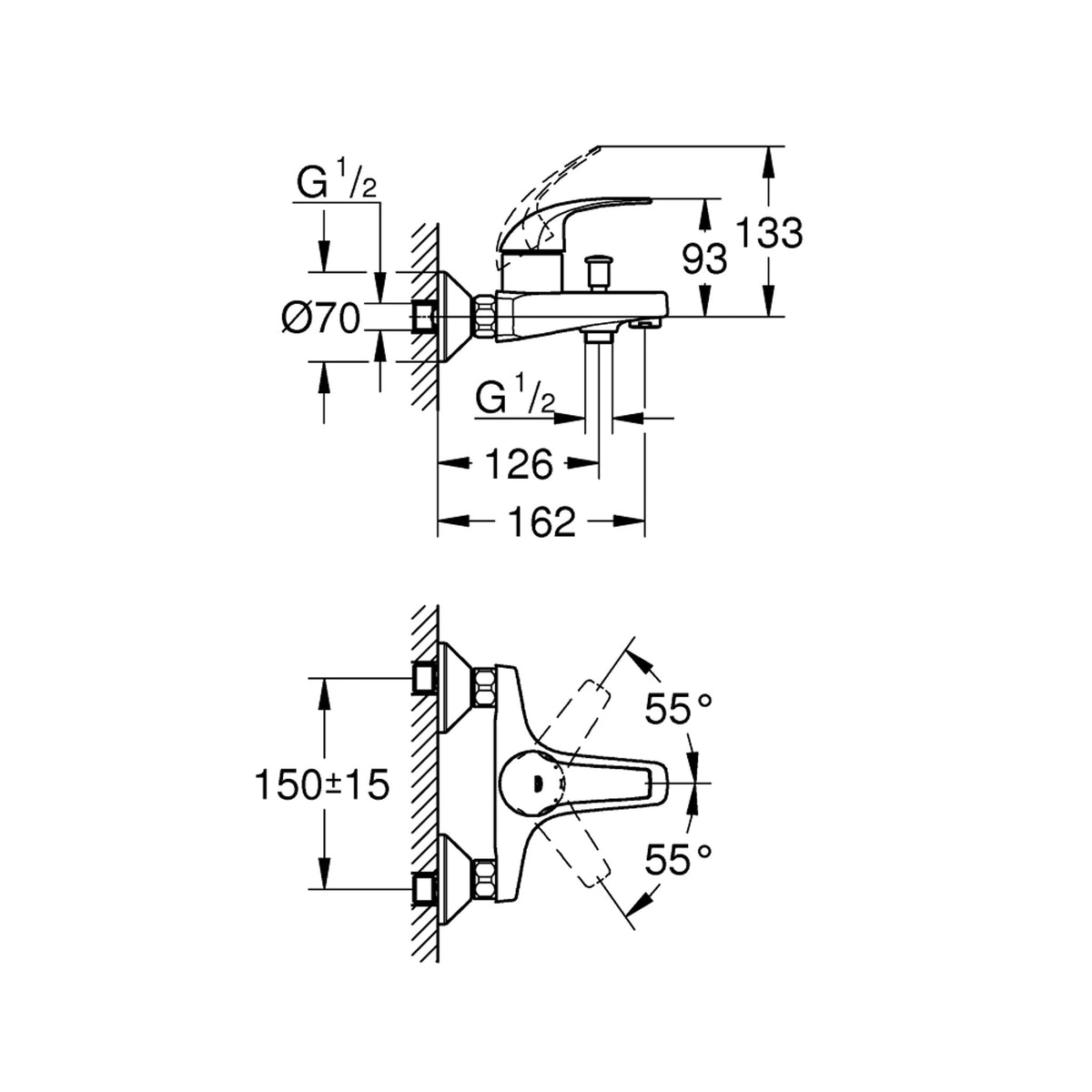 Grohe BauCurve Banyo Bataryası - Teknik Çizim