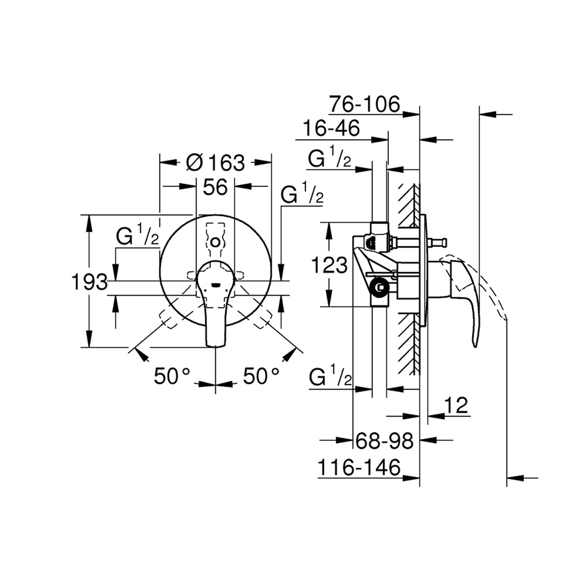 Grohe Eurosmart Ankastre Banyo Bataryası - Teknik Çizim