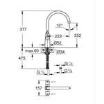 Grohe Ambi Kuğu Borulu 2 Kollu Eviye Bataryası - Teknik Çizim