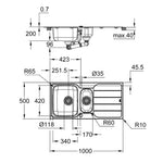 Grohe K500 Damlalıklı 1,5 Gözlü Eviye, Paslanmaz Çelik (Sağ-Sol Damlalıklı, 100x50 cm) - Teknik Çizim