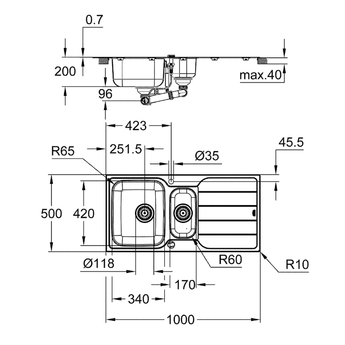 Grohe K500 Damlalıklı 1,5 Gözlü Eviye, Paslanmaz Çelik (Sağ-Sol Damlalıklı, 100x50 cm) - Teknik Çizim