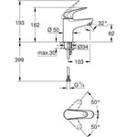 Grohe Euroeco Lavabo Bataryası, S-Boy - Teknik Çizim