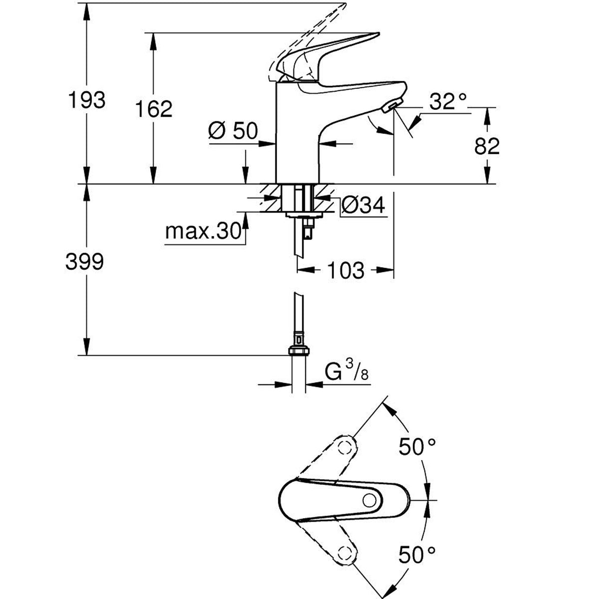 Grohe Euroeco Lavabo Bataryası, S-Boy - Teknik Çizim