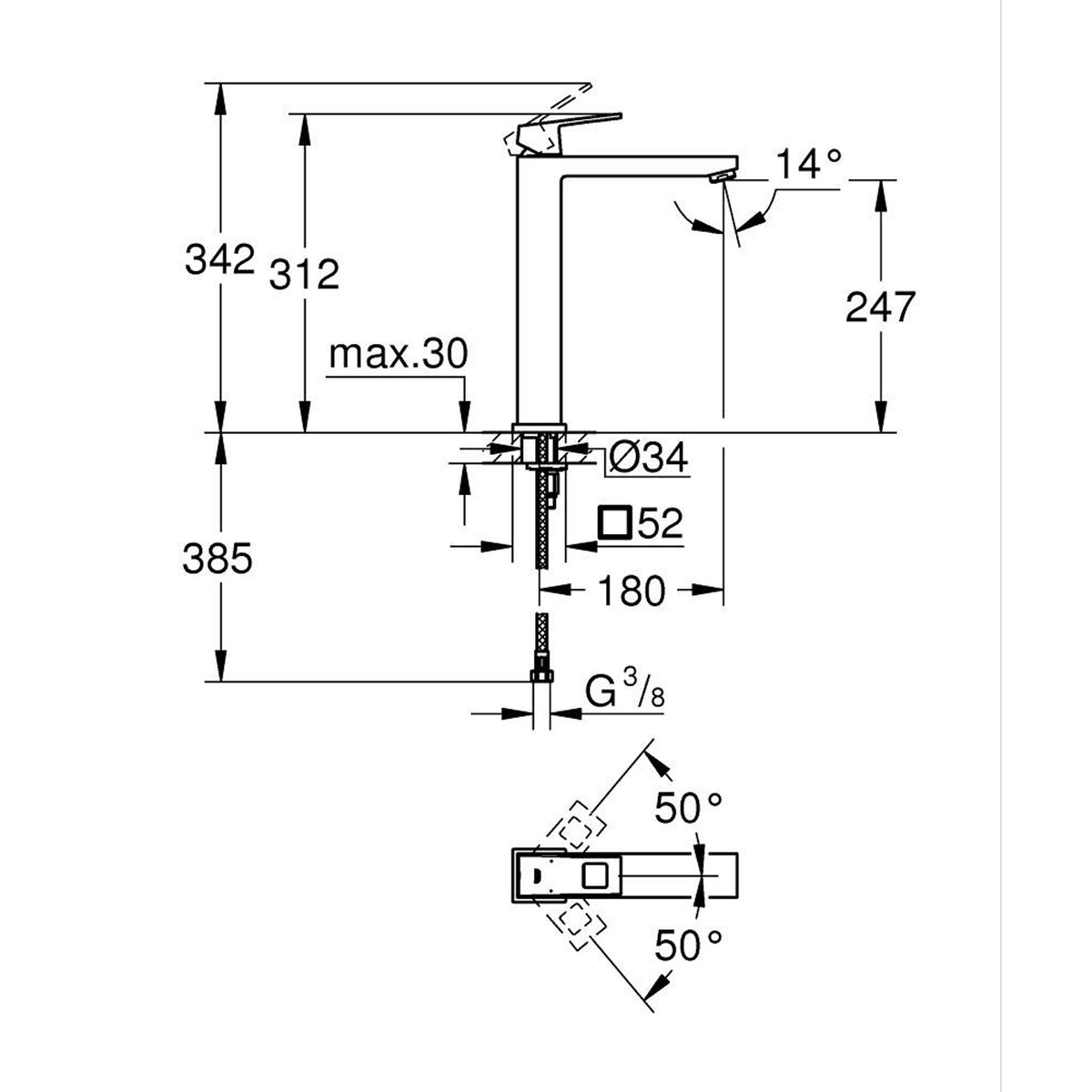 Grohe Eurocube Tezgah Üstü Lavabo Bataryası, Paslanmaz Çelik - Teknik Çizim