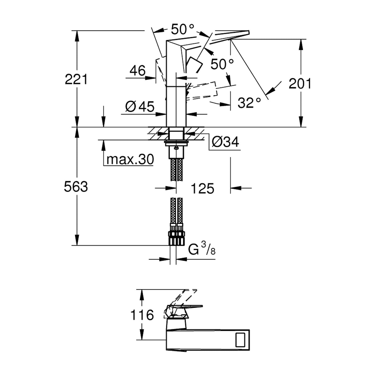 Grohe Allure Brilliant Yüksek Lavabo Bataryası (L-Boy) - Teknik Çizim