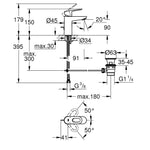 Grohe BauLoop Lavabo Bataryası, Sifon Kumandalı - Teknik Çizim