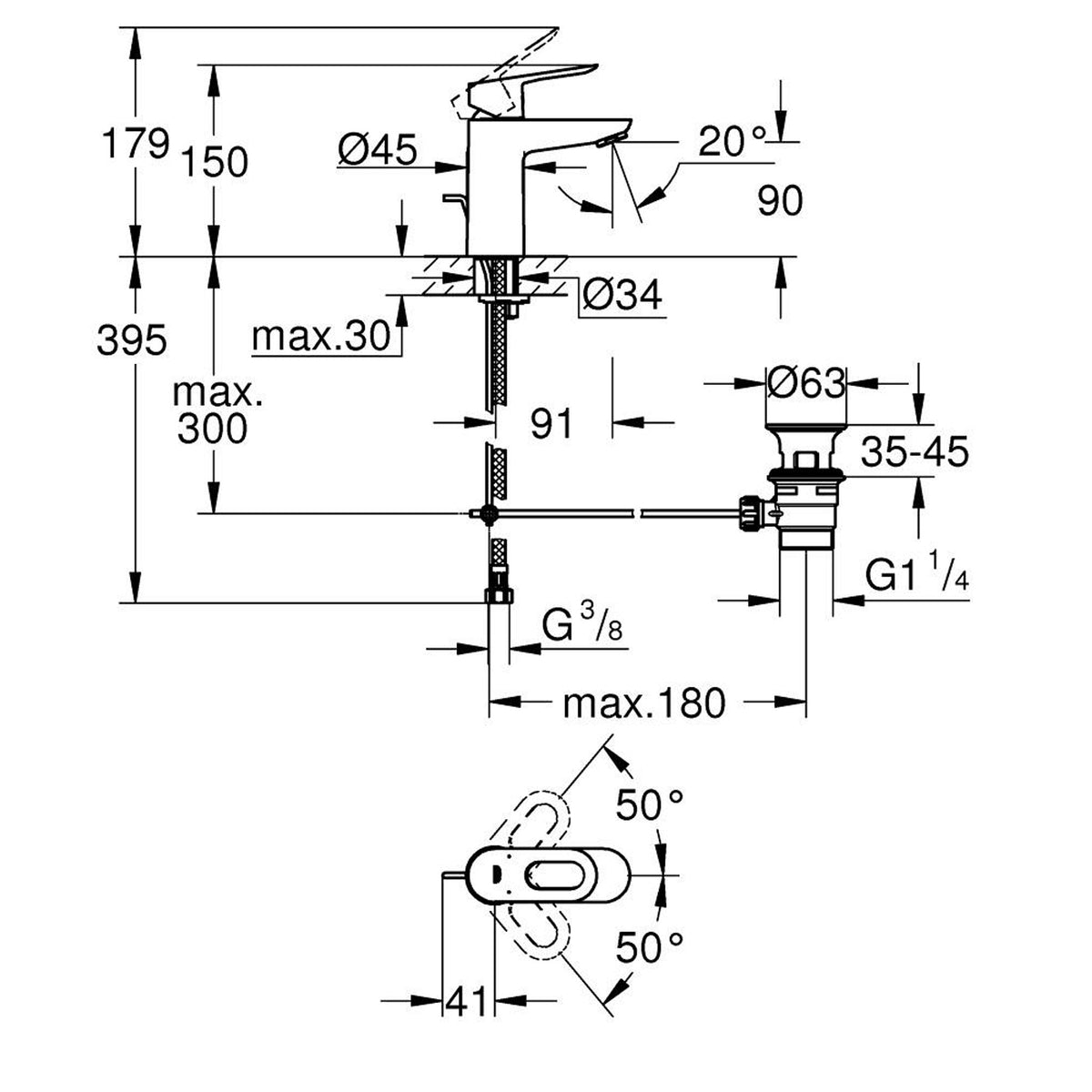 Grohe BauLoop Lavabo Bataryası, Sifon Kumandalı - Teknik Çizim