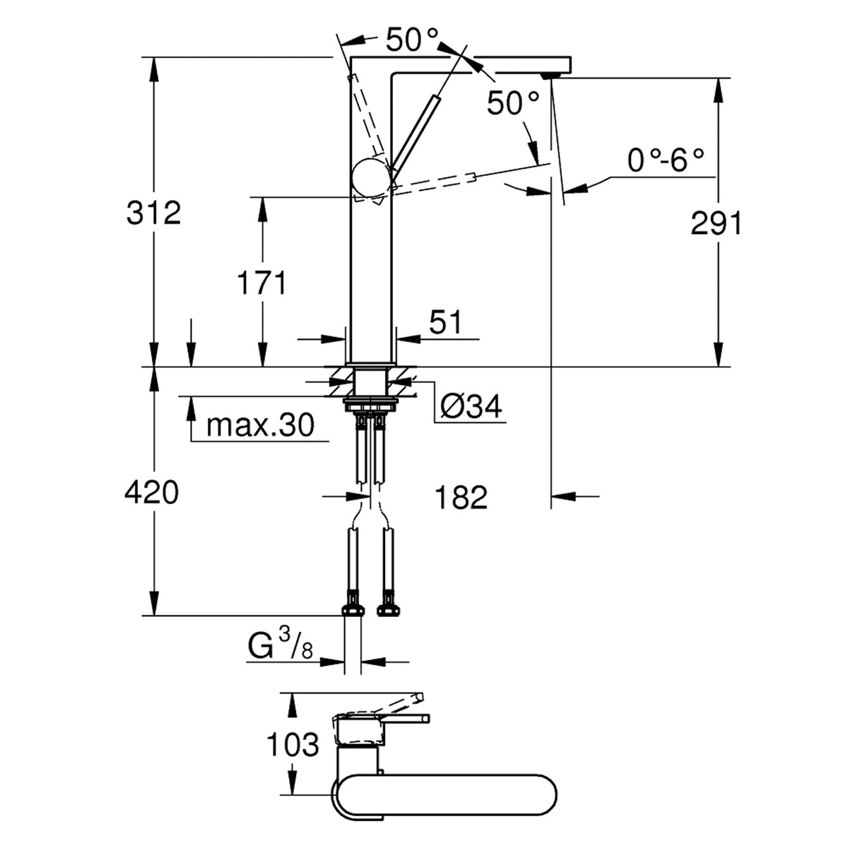 Grohe Plus Tezgah Üstü Lavabo Bataryası - Teknik Çizim