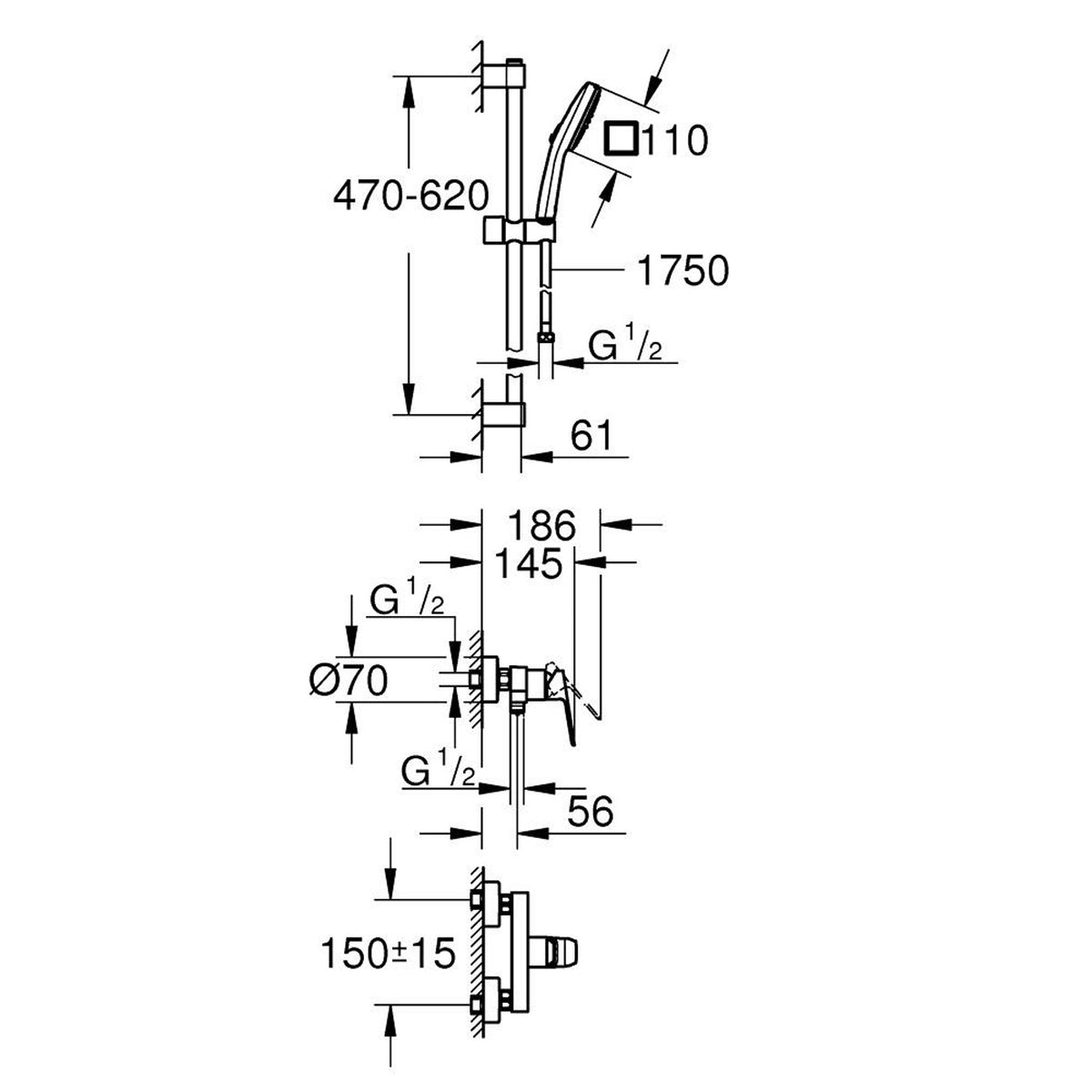 Grohe Cubeo Duş Bataryası ve Sürgülü El Duşu Seti - Teknik Çizim