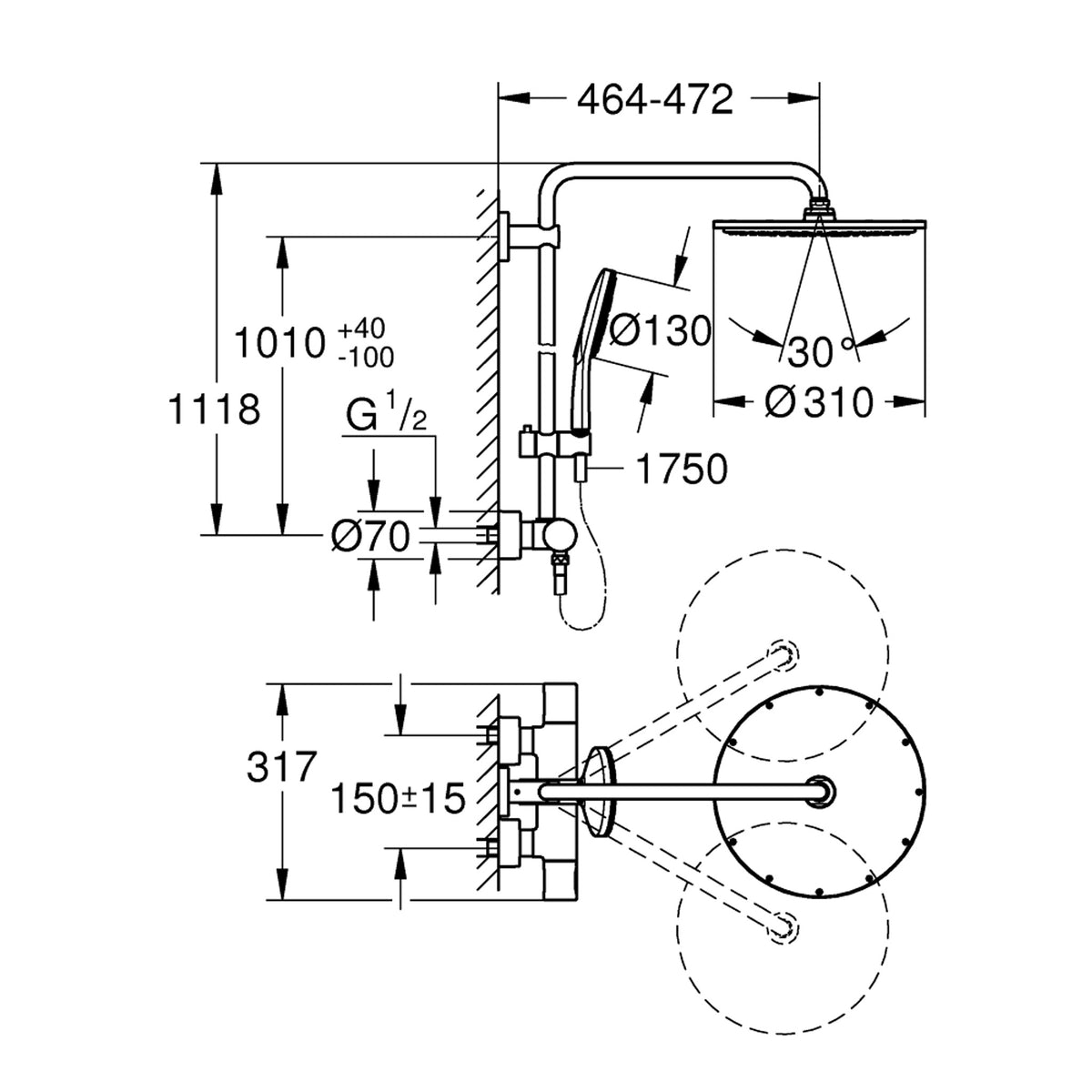 Grohe RainShower SmartActive 310 Duş Bataryalı Duş Sistemi - Teknik Çizim