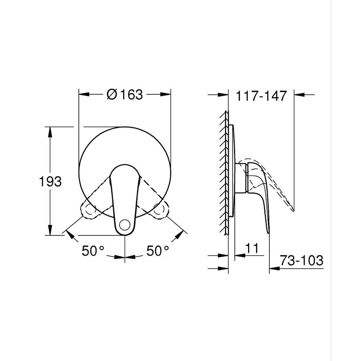 Grohe Euroeco Ankastre Duş Bataryası - Teknik Çizim