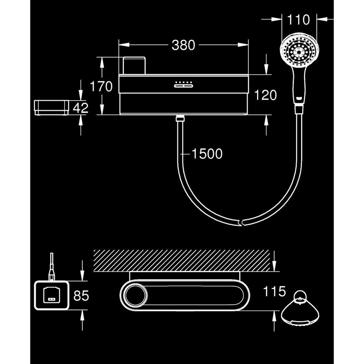 Grohe Purefoam Elektronik Banyo Bataryası ve El Duşu Takımı Başlangıç Seti, Krom-Siyah (Su ve Sabun Püskürtmeli El Duşu) - Teknik Çizim