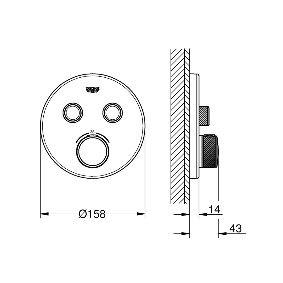 Grohe Grohtherm Çift valfli Akış kontrollü, Ankastre Termostatik Banyo Bataryası, Beyaz (Sıva Üstü Grubu) - Teknik Çizim