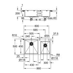 Grohe K700 1,5 Gözlü Eviye, Paslanmaz Çelik (86x50 cm) - Teknik Çizim