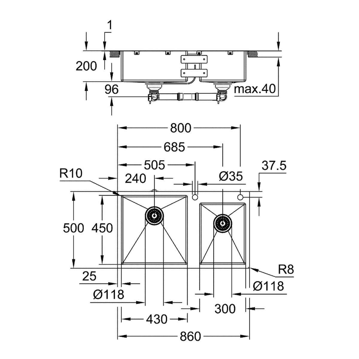 Grohe K700 1,5 Gözlü Eviye, Paslanmaz Çelik (86x50 cm) - Teknik Çizim