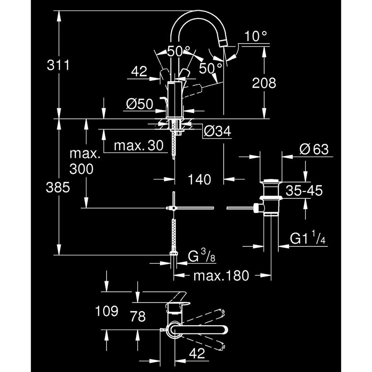 Grohe Eurosmart Lavabo Bataryası - Teknik Çizim