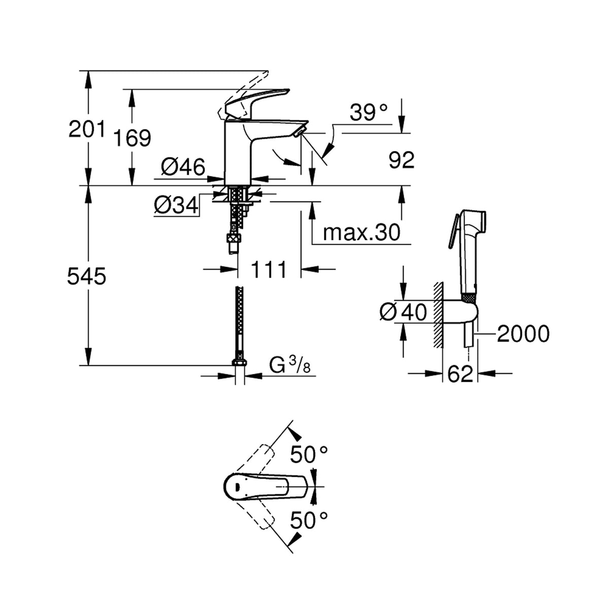 Grohe Eurosmart Lavabo Bataryası ve Tempesta-F Taharet Spreyi Seti - Teknik Çizim