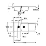 Grohe K500 Kompozit Damlalıklı İki Gözlü Eviye, Granit Siyah - Teknik Çizim