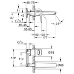 Grohe BauEdge İki Delikli Ankastre Lavabo Bataryası (M Boy) - Teknik Çizim