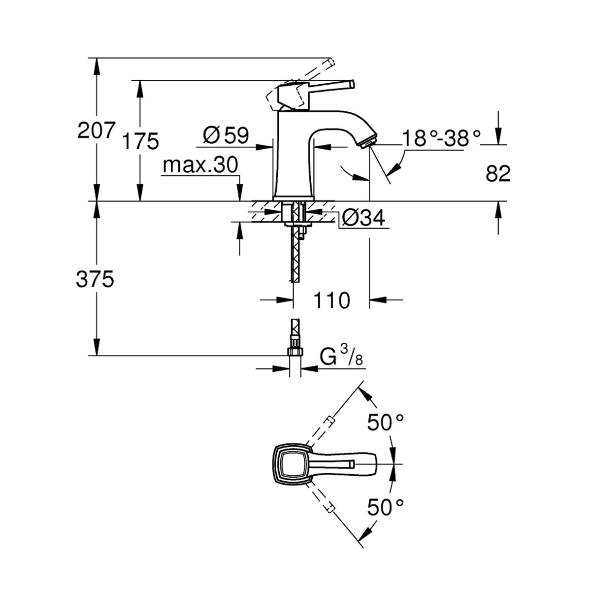 Grohe Grandera Lavabo Bataryası (M-Boy), Krom-Altın - Teknik Çizim