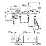 Grohe Eurocube Dört Delikli Ankastre Küvet Bataryası (Sıva Üstü Grubu), Fırçalı Sert Grafit - Teknik Çizim