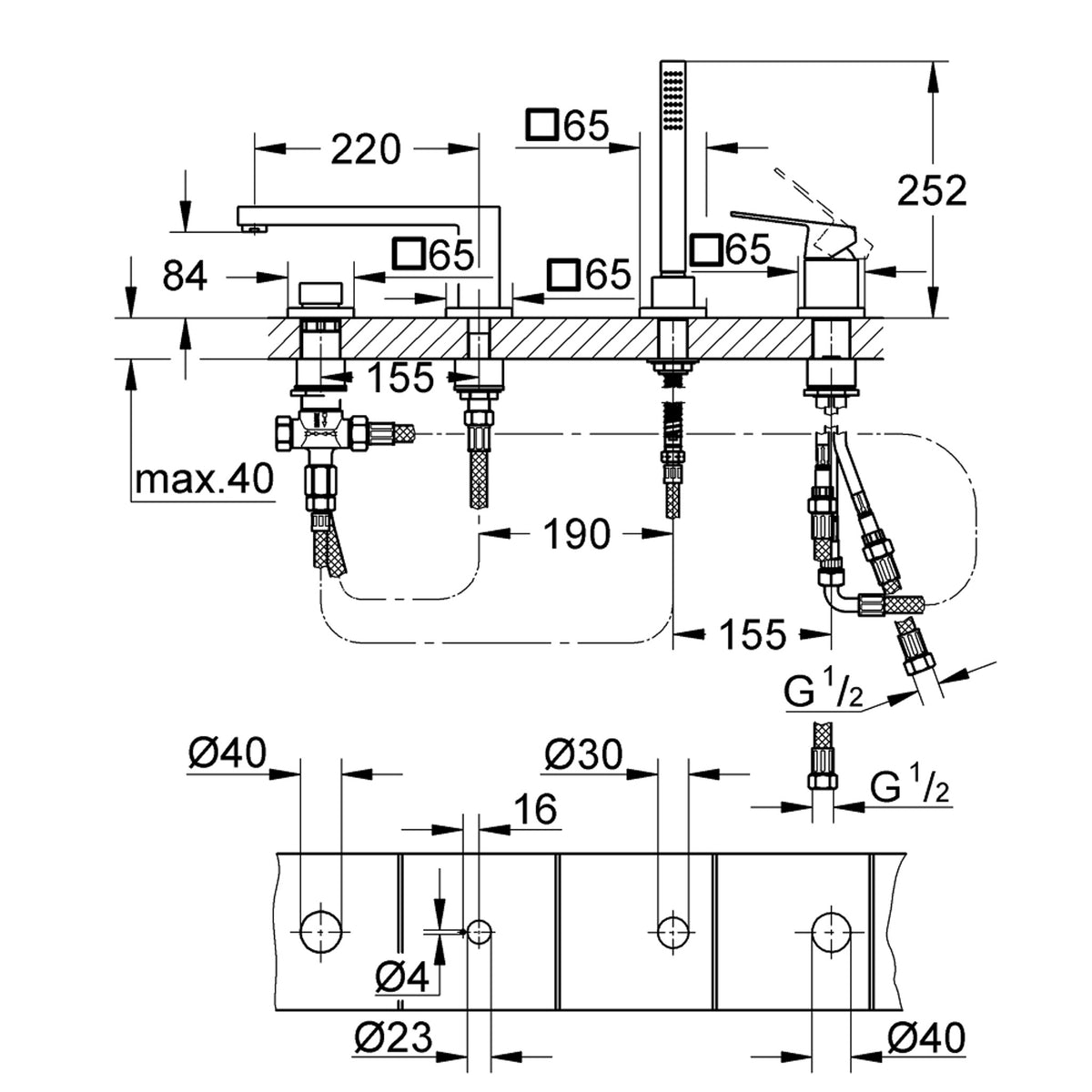 Grohe Eurocube Dört Delikli Ankastre Küvet Bataryası (Sıva Üstü Grubu), Fırçalı Sert Grafit - Teknik Çizim