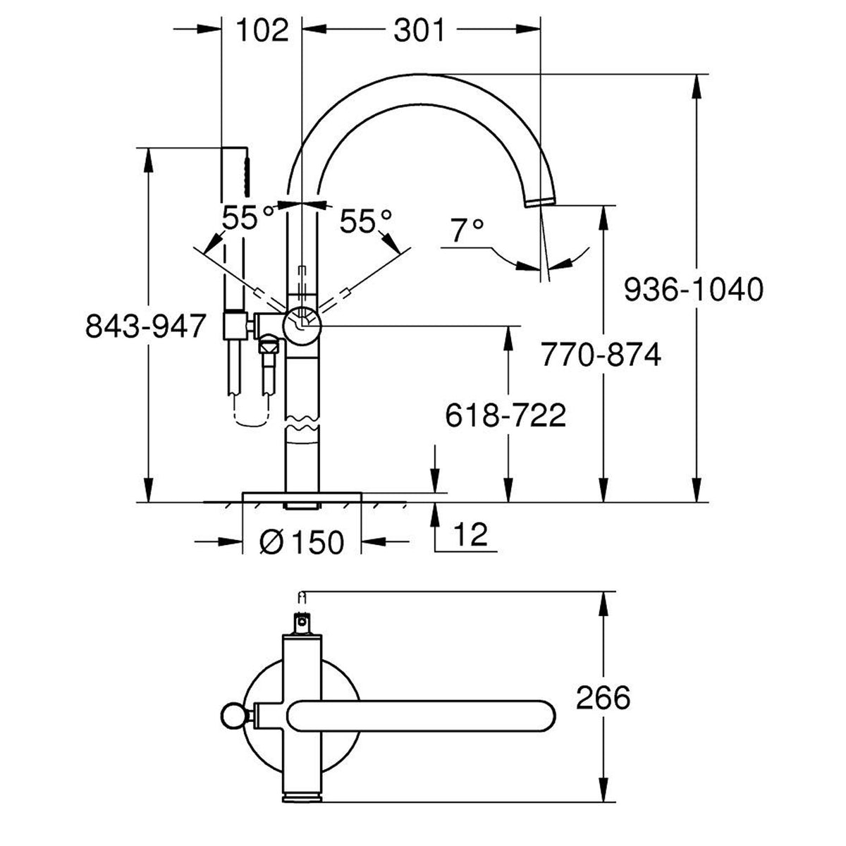 Grohe Atrio Tek Yerden Küvet Bataryası (Sıva Üstü Grubu), Fırçalı Sert Grafit - Teknik Çizim
