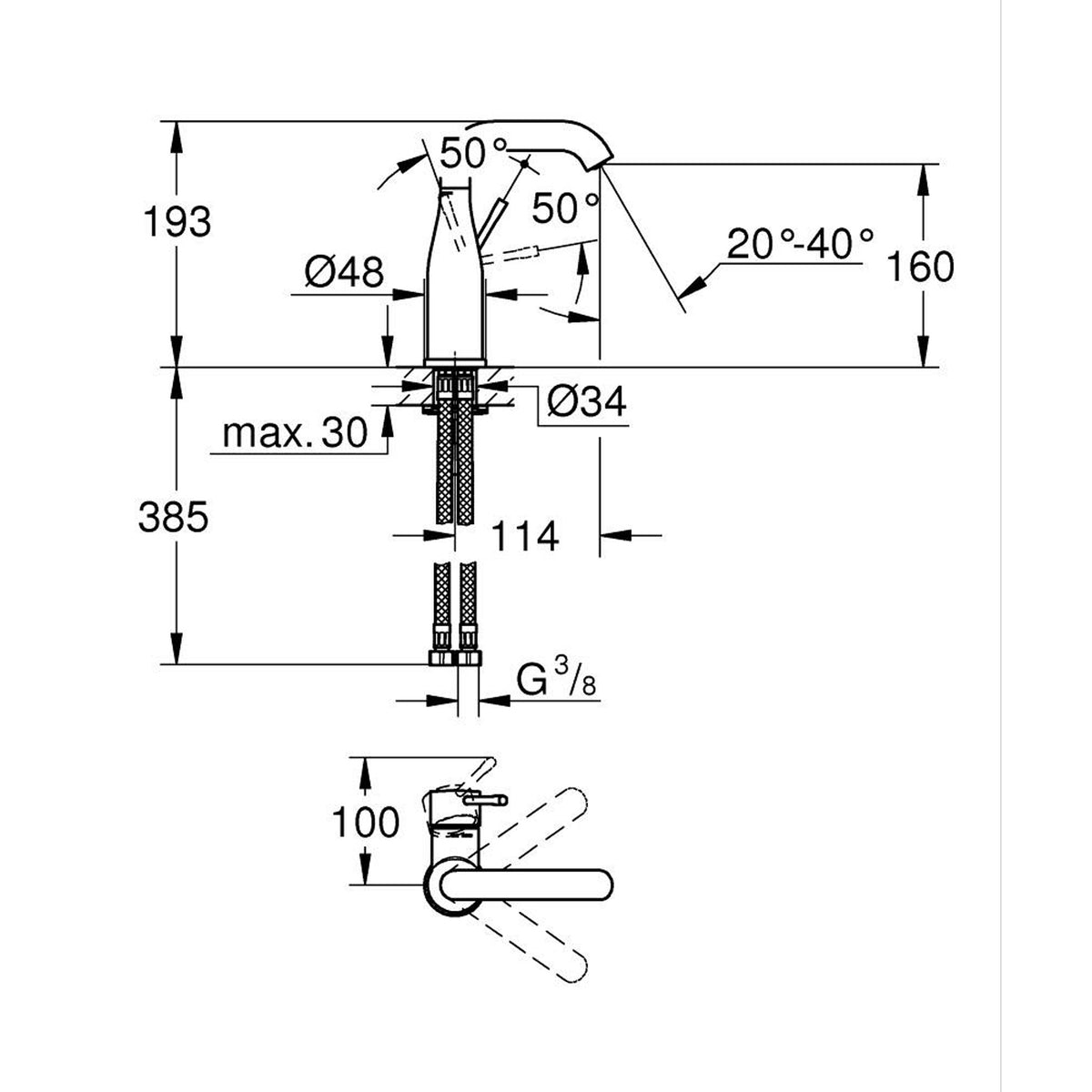 Grohe Essence New Yüksek Lavabo Bataryası - Teknik Çizim