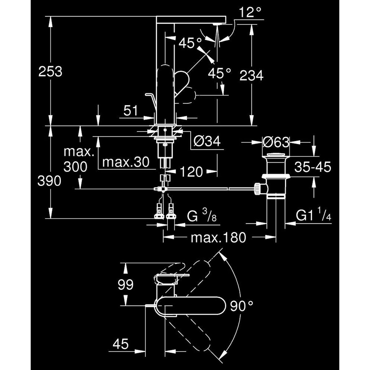 Grohe Plus Yüksek Lavabo Bataryası, Sifon Kumandalı - Teknik Çizim