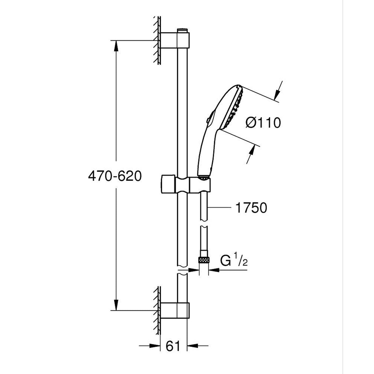Grohe Tempesta 110 Sürgülü Duş Seti, 2 Akışlı - Teknik Çizim