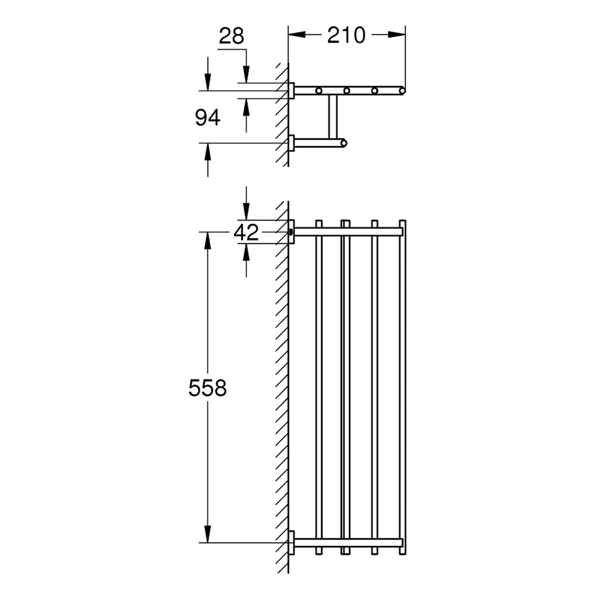 Grohe Eurocube Raf Havluluk, Krom - Teknik Çizim