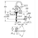 Grohe Concetto Yüksek Lavabo Bataryası, Sifon Kumandalı - Teknik Çizim