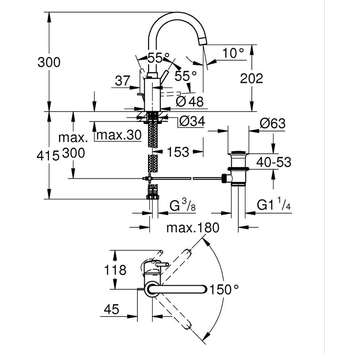 Grohe Concetto Yüksek Lavabo Bataryası, Sifon Kumandalı - Teknik Çizim