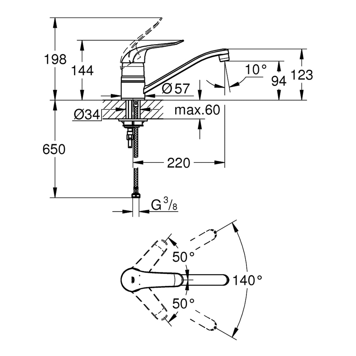 Grohe Euroeco Special Eviye Bataryası, Yatık Borulu - Teknik Çizim