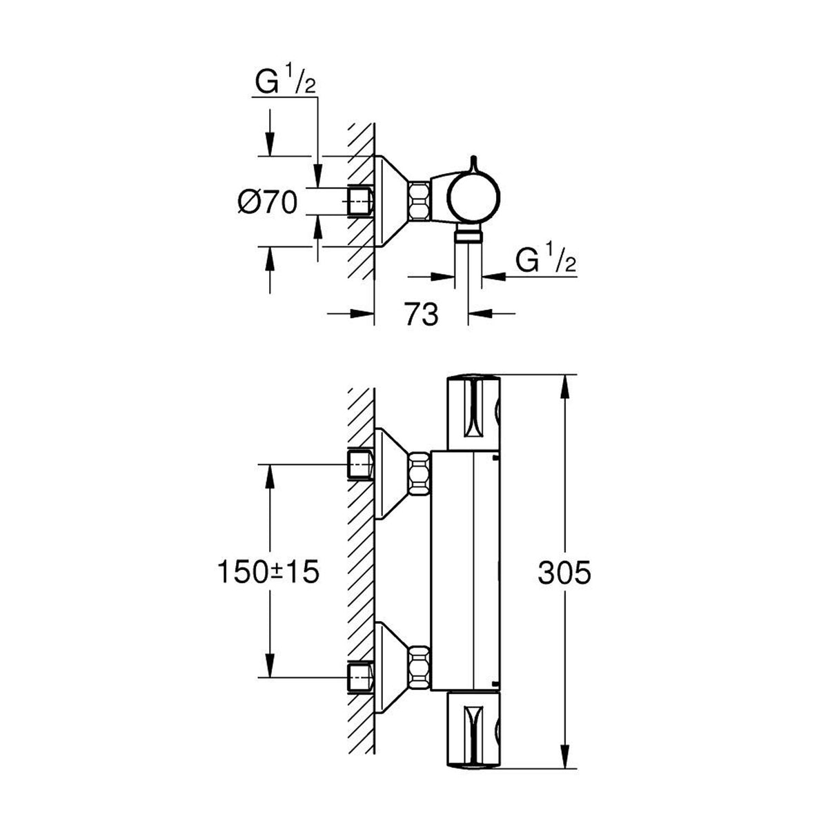 Grohe Grohtherm 800 Termostatik Duş Bataryası - Teknik Çizim