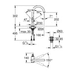 Grohe Atrio Yüksek Lavabo Bataryası (L-Boy), Bakır - Teknik Çizim