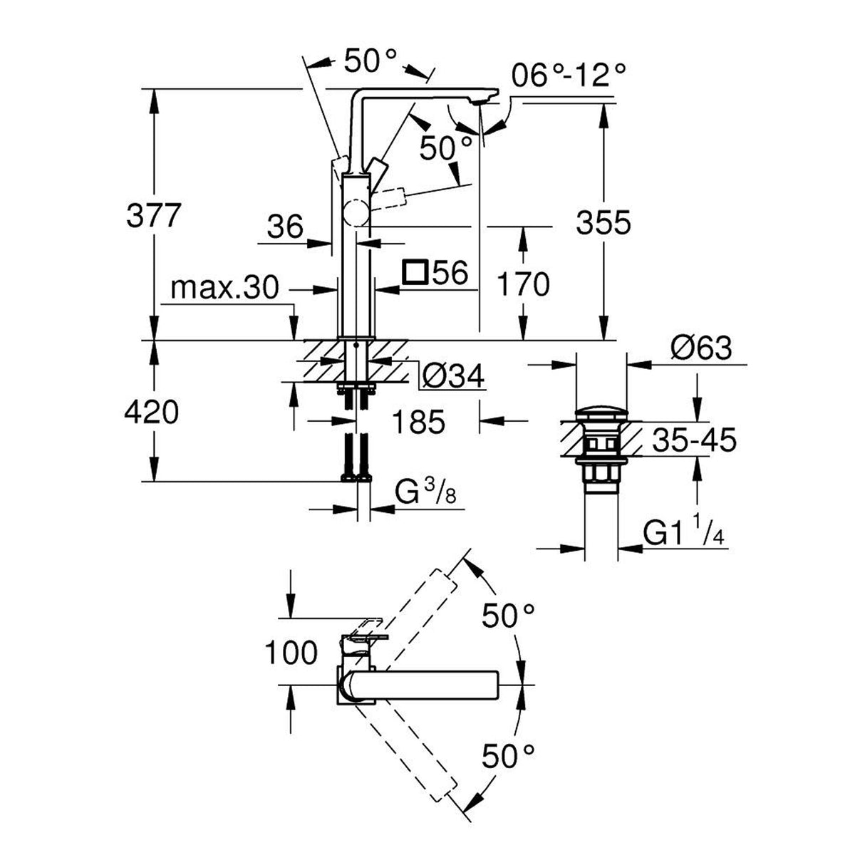 Grohe Allure Tezgah Üstü Lavabo Bataryası, Altın - Teknik Çizim