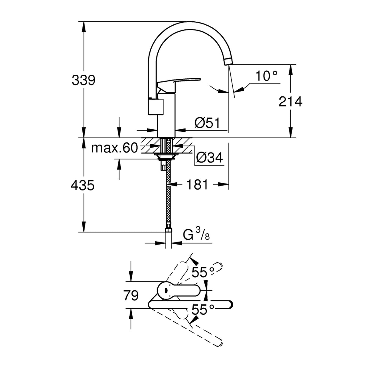 Grohe Eurostyle Cosmopolitan Eviye Bataryası - Teknik Çizim
