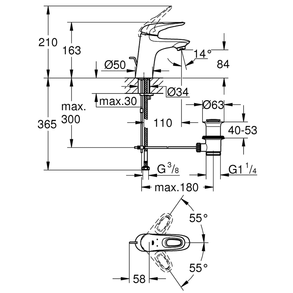 Grohe Eurostyle New Lavabo Bataryası - Teknik Çizim