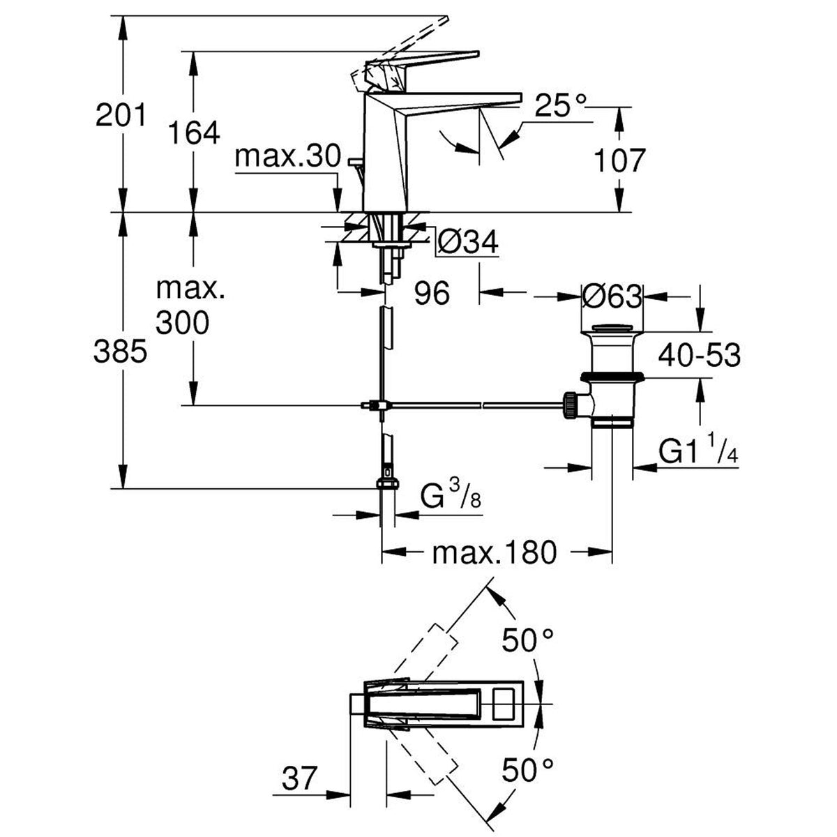 Grohe Allure Brilliant Private Collection M-Boy Lavabo Bataryası, Sifon Kumandalı, Paslanmaz Çelik - Teknik Çizim