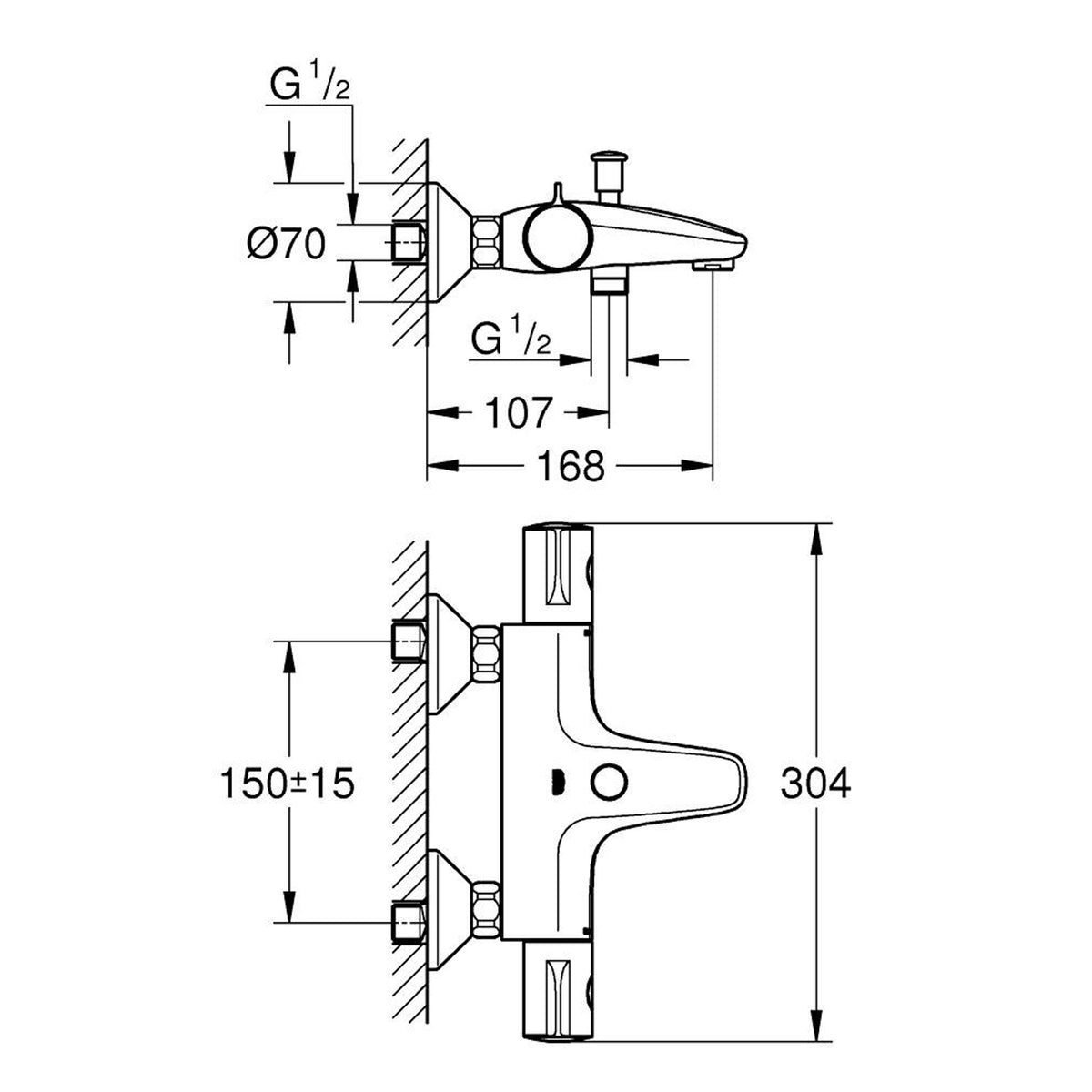 Grohe Grohtherm 800 Termostatik Banyo Bataryası, Mat Siyah - Teknik Çizim