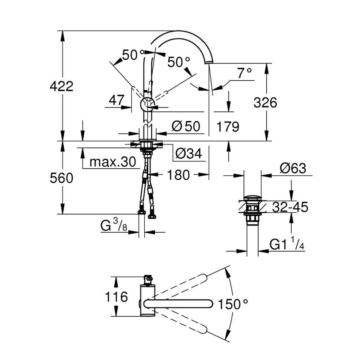 Grohe Atrio Tezgah Üstü Lavabo Bataryası, Bakır - Teknik Çizim