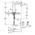 Grohe Eurosmart Cosmopolitan E Fotoselli Lavabo Bataryası L-Boy (Çift Su Girişli-Pilli) - Teknik Çizim