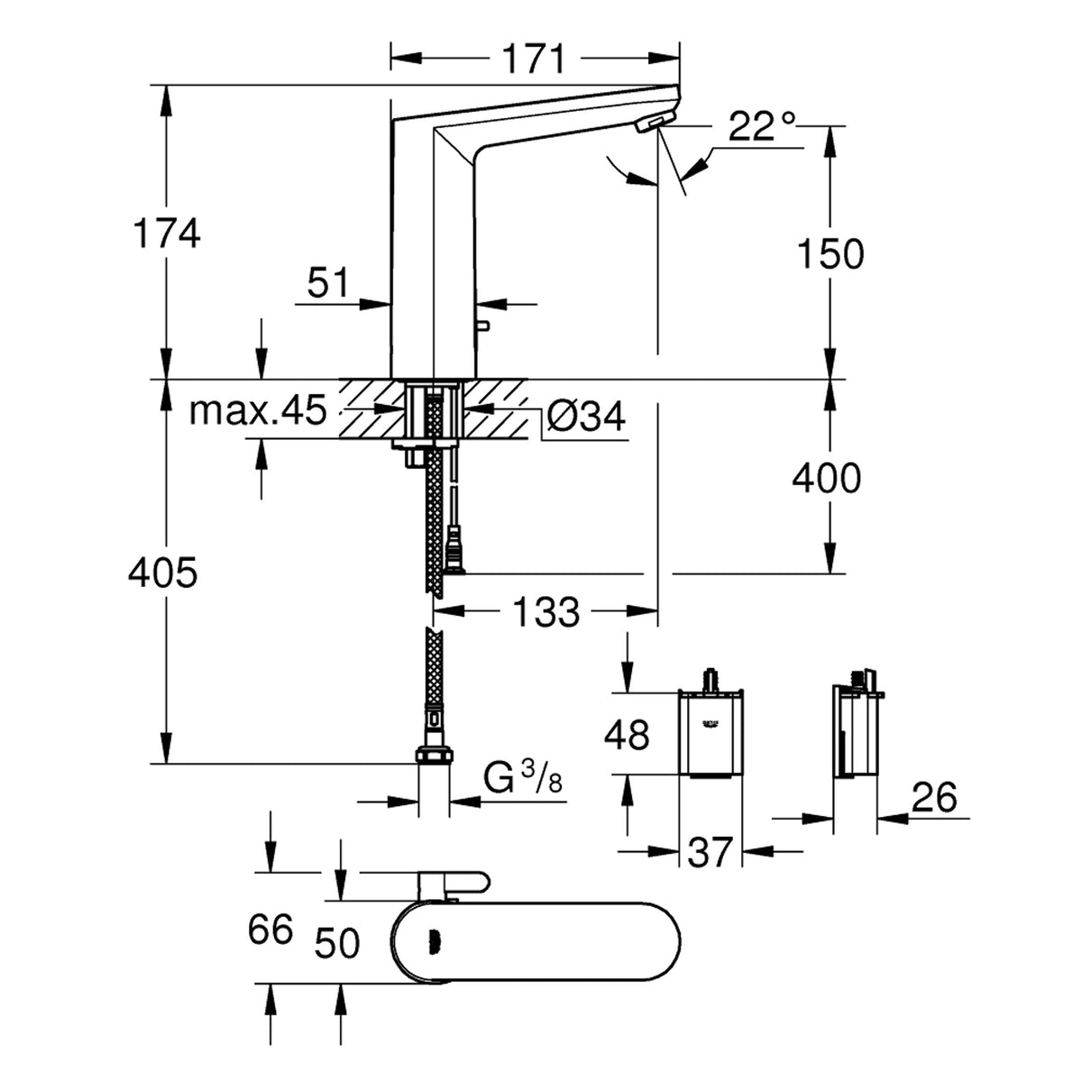 Grohe Eurosmart Cosmopolitan E Fotoselli Lavabo Bataryası L-Boy (Çift Su Girişli-Pilli) - Teknik Çizim