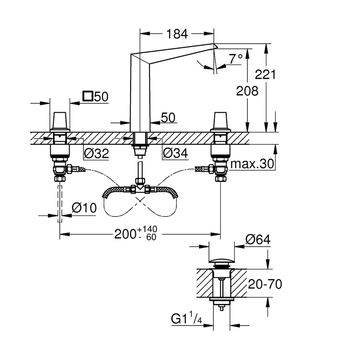 Grohe Allure Brilliant Icon 3D, 3 Delikli Lavabodan Ankastre Lavabo Bataryası, Paslanmaz Çelik - Teknik Çizim