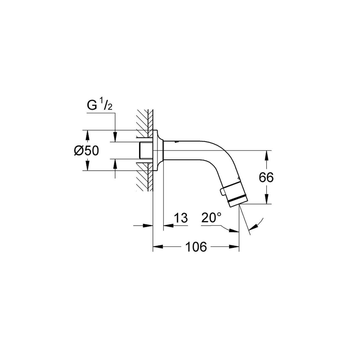 Grohe Duvardan Musluk, Tek Su Girişli - Teknik Çizim