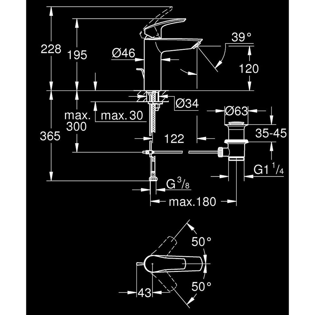 Grohe Eurosmart Lavabo Bataryası, Sifon Kumandalı - Teknik Çizim